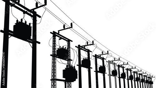 Perspective View Vector Silhouette of Electrical Utility Poles and Transformers Connected by Power Lines for High Voltage Energy Distribution Grid Infrastructure