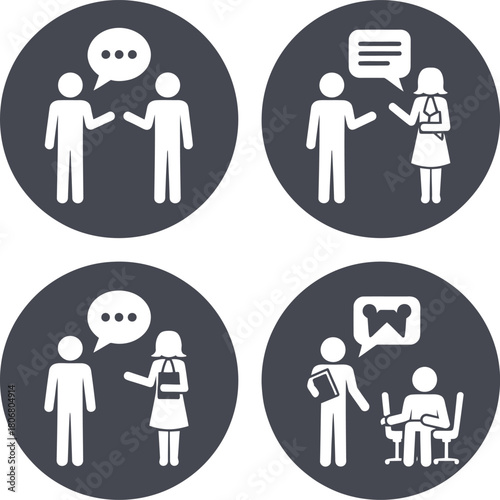 Set of four communication icons depicting diverse business discussions and interactions against a dark circular backdrop.