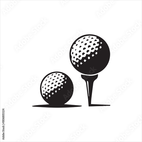 Two golf balls, one resting on a tee, rendered in a simple black and white style.