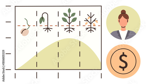 Plant lifecycle stages on a graph representing growth, woman profile suggesting decision-making, and currency sign for financial goals. Ideal for growth strategy, finance, progress, management