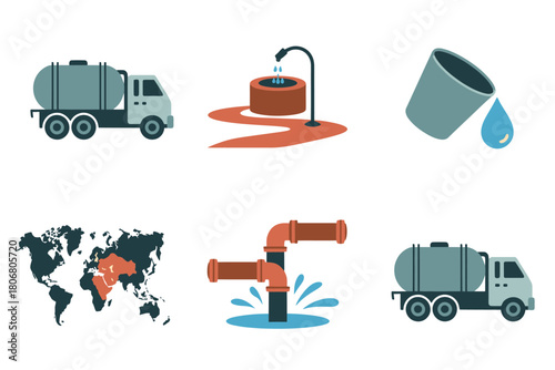 Urban water supply icons, tanker vehicle, suction pump manhole, leaking pipe repair, world map, running faucet, service logistics