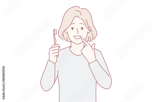 Smiling girl with toothbrush show at white clean teeth. Happy child recommend teeth brushing and oral care. Dental care concept. Vector illustration.