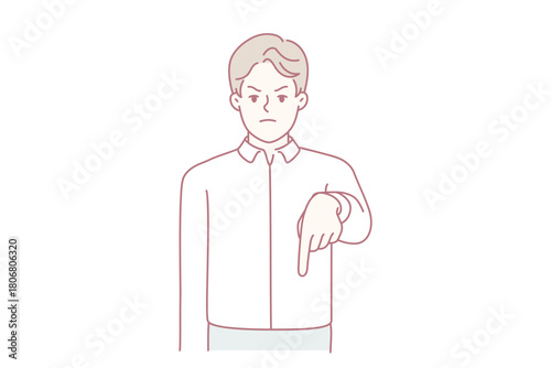 Strict businessman point with finger down. Furious decisive male employee show downward make order to employee. Vector illustration.