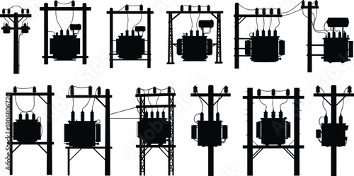 Vector Silhouette Collection of Electrical Power Transformers and Utility Poles for High Voltage Energy Distribution Network and Grid Infrastructure Design