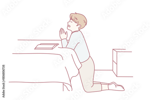 Small boy kneel in bedroom praying with hands join at home. Little child keep hands in prayer talking to God. Religion and faith. Vector illustration.