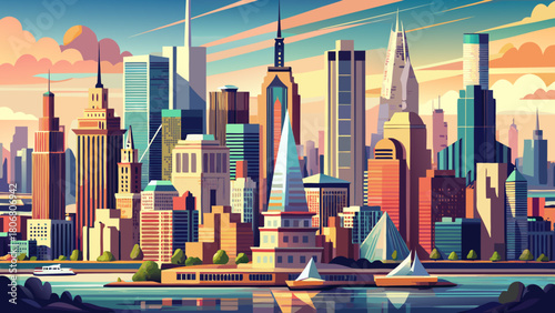 Very beautiful close-up panoramic view of Lower Manhattan, New York City, capturing the dense cluster of skyscrapers, iconic towers, and waterfront details in sharp detail with a dynamic urban perspec