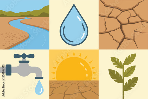 Drought and water scarcity tiles, dry riverbed, blue droplet, cracked soil, dripping faucet, sunrise heat, withered leaves, vector
