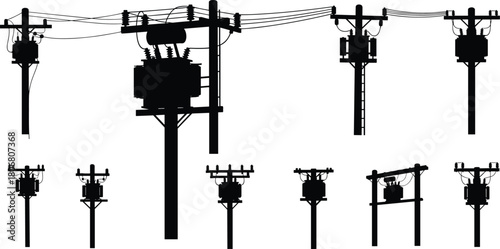Vector Silhouette Collection of Electrical Utility Poles and Transformers with Connected Overhead Power Lines for High Voltage Energy Distribution Grid and Infrastructure Design