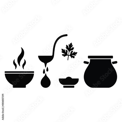 Black silhouette icons of cooking elements hot soup bowl ladle with dripping liquid parsley sprig and pot