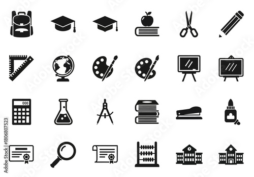 Black silhouette icons representing school subjects, learning tools, and academic achievement for educational design