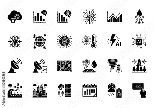 A versatile set of solid glyph icons representing technology, big data, weather forecasting, and smart systems, min (12).eps