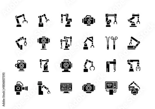 Collection of robotic arm vector icons. Minimalist solid glyph symbols for industry, technology, and automation. min (10)