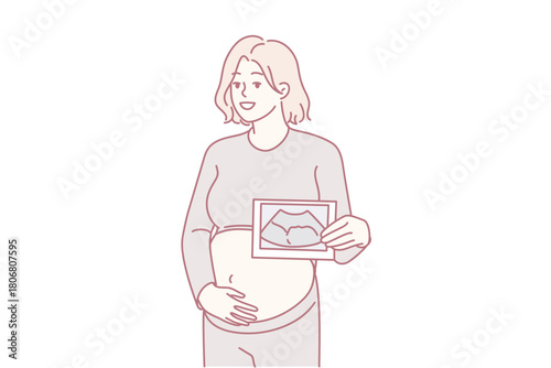 Smiling pregnant woman touch belly show scan of embryo. Happy future mom hold ultrasound picture of baby. Pregnancy and motherhood. Vector illustration.