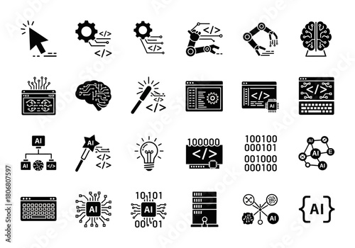 Artificial intelligence and software development glyph icon set. Minimalist vector symbols for coding and machine learning concepts