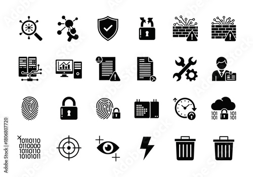 A minimal set of 24 solid glyph icons representing cybersecurity, data privacy, and network protection concepts for technology
