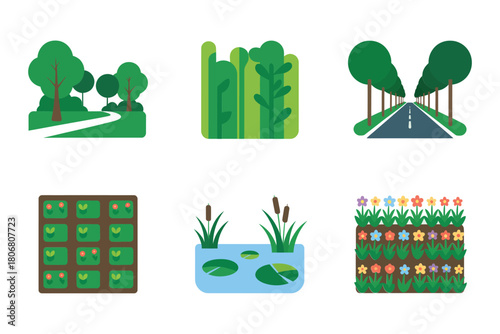 Urban ecology tiles, park with trees, green facade building, vegetable plots, ponds, flowering rows, sustainable city vector