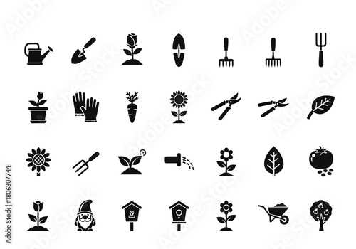 Minimalist gardening glyph icon set of 28 elements. Collection of solid black vector symbols for farming, plants, tools, and agriculture