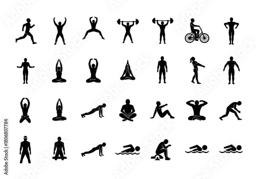 Set of human figure icons showing various fitness, exercise, yoga, and sport activities. Black pictogram collection on a white background
