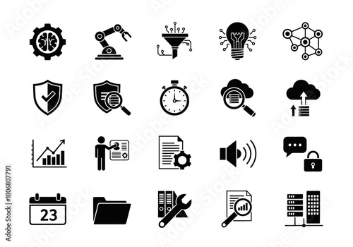 A minimal set of solid glyph icons representing concepts like data processing, machine learning, cloud computing, and digital security