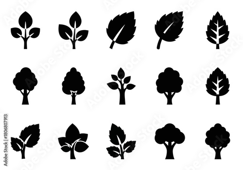 A diverse set of fifteen black silhouette icons representing various styles of trees and leaves for nature-themed graphic design