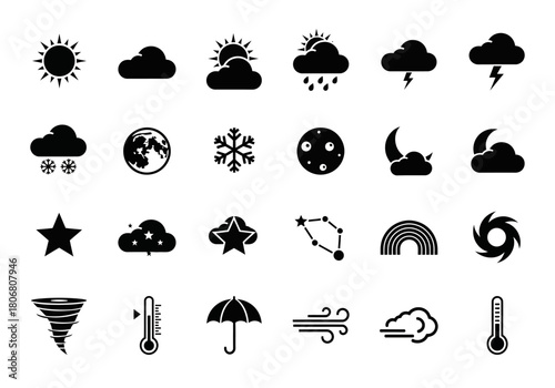 A versatile collection of minimalist black weather forecast symbols and meteorological glyph icons for digital and print media