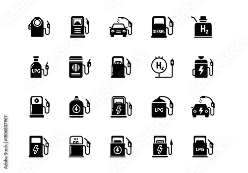Set of black silhouette icons for vehicle refueling, showing gas pumps, EV chargers, and alternative fuel stations like hydrogen and LPG