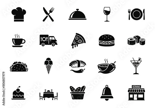Minimalist collection of food and restaurant glyph icons. Vector symbol set for cafe menu, cooking, and delivery services