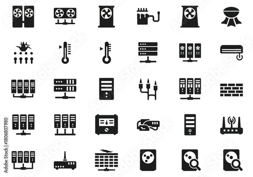 Minimalist glyph icon set for data centers, servers, and computer networking technology