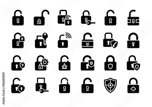 Security icon set with padlock symbols. Minimalist black glyph collection for lock, unlock, and data protection themes
