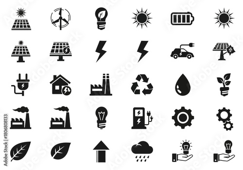 Vector icon set of sustainable energy and environmental conservation symbols. Minimalist glyphs for ecology, industry, and technology