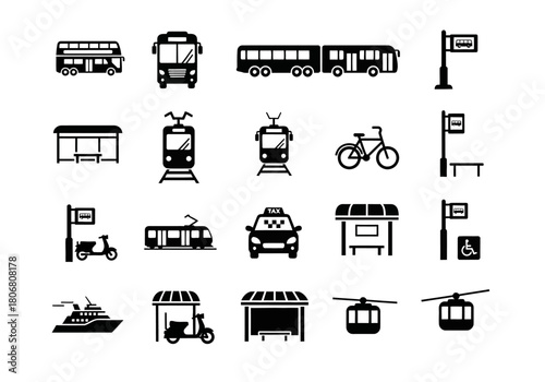 Minimal glyph icon set of public transportation vehicles and infrastructure. Includes bus, tram, taxi, ferry, and city transit stop symbols for web design