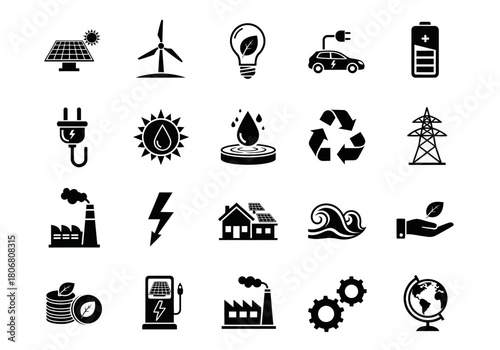 A comprehensive set of minimalist glyph icons representing renewable energy, green technology, and environmental sustainability