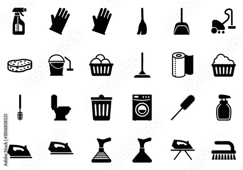Comprehensive vector icon set of domestic cleaning supplies, laundry symbols, and housekeeping equipment in a minimalist glyph style. min (99)