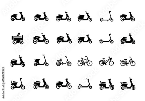 Minimalist black silhouette icon set of urban transport, including scooters, mopeds, and bicycles for city mobility. min (103)