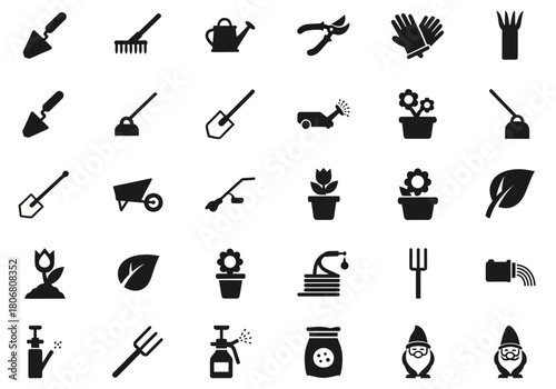 Minimalist collection of garden and farming equipment icons. Vector silhouette symbols for landscaping and plants