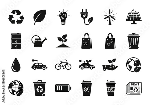 A comprehensive set of minimal black solid glyph icons representing ecology, recycling, and sustainable green energy concepts for environmental conservation