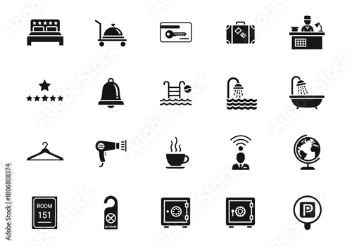 Set of minimalist glyph icons for hotel services and travel accommodation amenities. Vector pictograms for web and print