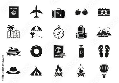 Minimalist travel and vacation icon set for tourism and adventure concepts. Vector glyph collection for web and print