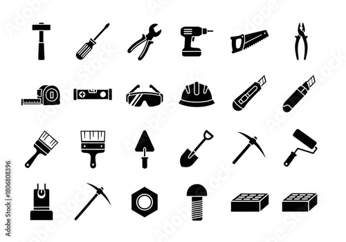 A comprehensive set of black and white silhouette icons for construction, building, and repair tools min (109)