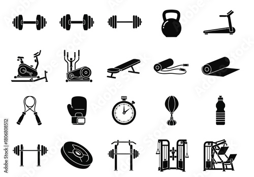 Set of black silhouette gym and fitness equipment icons for workout and training. Vector sport and exercise symbols collection