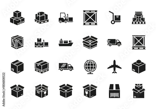 A collection of monochrome silhouette icons representing global logistics, freight shipping, and package delivery services