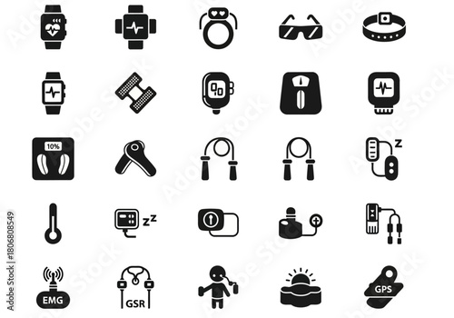 Monochrome glyph icon set of wearable technology for health and fitness, featuring smartwatches, activity trackers, and workout gear symbols