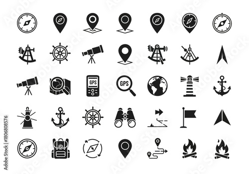 A comprehensive set of solid black glyph icons for navigation, sailing, cartography, and outdoor exploration on a white background