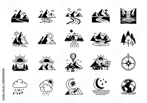 A versatile set of minimalist line art icons depicting mountain landscapes, nature scenes, and outdoor travel adventures for graphic design