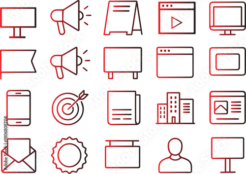 Line art advertising icons representing various marketing strategies and promotional methods, including billboards, megaphones, and online ads isolated on white background