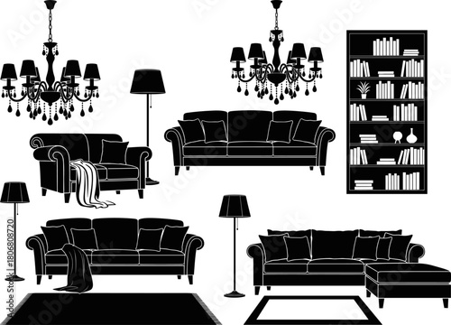 Vector illustration of modern living room furniture set with sofas, chandeliers, floor lamps, decorative bookshelf and home decor elements, elegant interior design collection