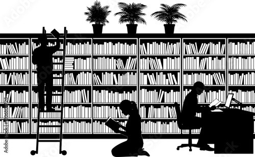 Vector illustration of library interior with people reading, studying, organizing books on ladder, large bookshelves and indoor plants, educational workspace design concept