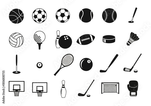 Comprehensive set of black sport silhouette icons. Vector collection of various athletic equipment for team and individual games