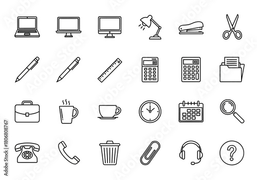 A comprehensive collection of minimalist line icons representing business, office supplies, and communication tools for professional design