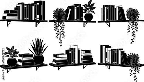 Vector illustration of decorative wall bookshelves with stacked books and potted plants, minimalist home interior decor elements, modern stylish bookshelf decoration collection